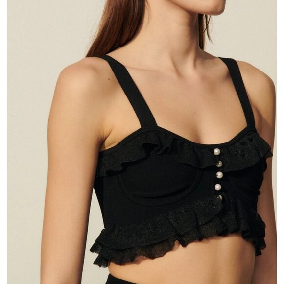 Sandro Black Ruffle Crop Top - Picture 2 of 16